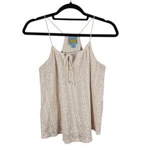 C&C California Sleeveless Open Weave Crochet Knit Top Beige Small Boho Coastal